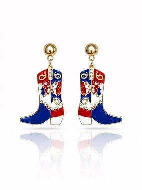 Gold Red, White & Blue Cowgirl Boot Drop Earrings